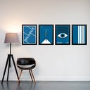 Ver imagem 1 de Kit 4 Quadros Artes Bauhaus Azuis e Branco 45x34cm - com Vidro:moldura Branca