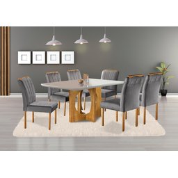 Conjunto Sala de Jantar 6 Lugares Mesa Barcelona e Cadeiras Madeira Maciça Veludo Cinza - 2