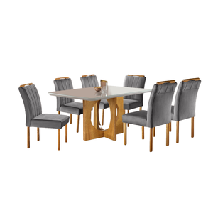 Conjunto Sala de Jantar 6 Lugares Mesa Barcelona e Cadeiras Madeira Maciça Veludo Cinza