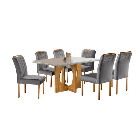 Conjunto Sala de Jantar 6 Lugares Mesa Barcelona e Cadeiras Madeira Maciça Veludo Cinza