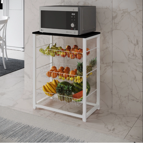 Fruteira com Suporte para Micro-ondas Barcelona Aço Branco Cesto Branco Tampo Preto
