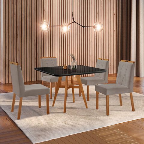 Conjunto Sala de Jantar Mesa Atenas Madeira Maciça 90x90cm Tampo Quadrado Vidro Preto com 4 Cadeiras