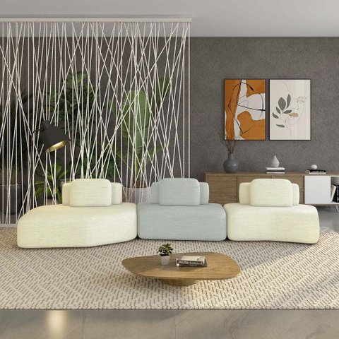 Sofá Ilha Sala de Estar Dakota 3 Módulos 454cm Encostos Almofadas Soltas Linho OffWhite/Cinza G33 - 