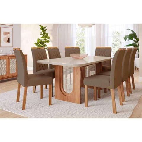 Conjunto Mesa Valentina Tampo Madeirado C/ Vidro 210x100cm e 8 Cadeiras Juliana Cinamomo/off White