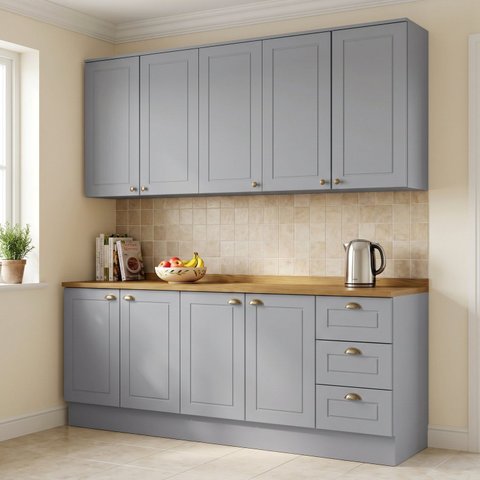 Cozinha Compacta Modulada 4 Peças 100% MDF 2 Armários Aéreos 2 Balcões com Tampo Cinza/Nature Emily