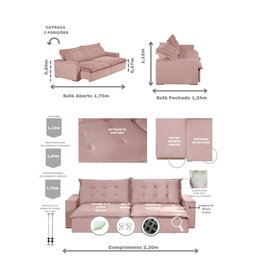 Sofá Modular Bahia 4 Lugares 2,30 MT com Molas Retrátil e Reclinável Veludo Nobre Sofatec - 3