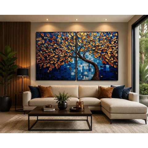 Quadro Decorativo Árvore da Vida Azul e Dourado 110x80cm 2pçs Moldura Filete Preta
