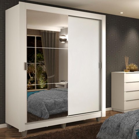 Guarda-roupa Solteiro Madesa Dallas 2 Portas de Correr com Espelho 2 Gavetas com Pés - Branco