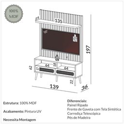 Rack Retrô 100% Mdf com Painel Ripado e Fita Led 1,97m Cor:freijó - 3
