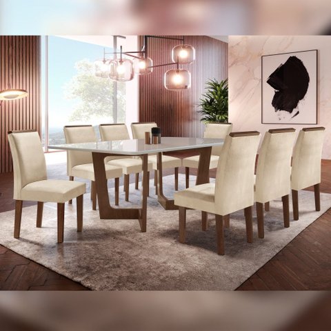 Conjunto Sala de Jantar Nápoles Tampo Vidro/MDF com 8 Cadeiras Luísa Smart Plus Cel Móveis