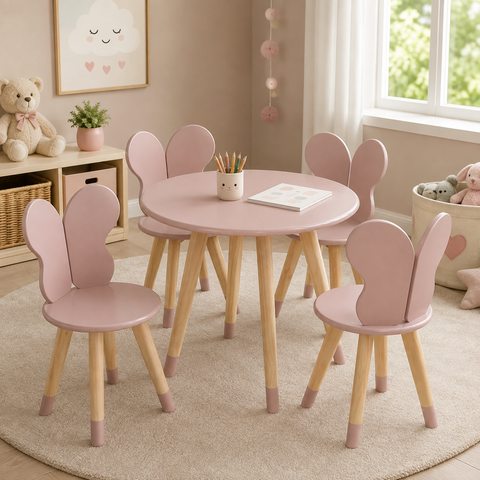 Conj Borboleta Mesa 4 Cadeira Infantil Pés Pinus MDF:Rosê