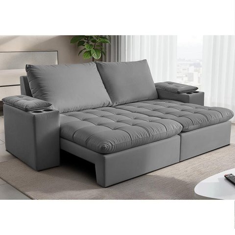 Sofá Retrátil e Reclinável 2,30m Milano com Porta Copos Velupluma Cinza Cama Inbox