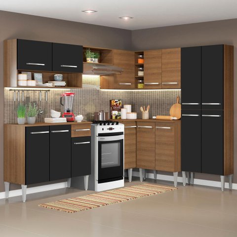 Armário de Cozinha Completa de Canto 357cm Rustic/Preto Emilly Rock Madesa XA