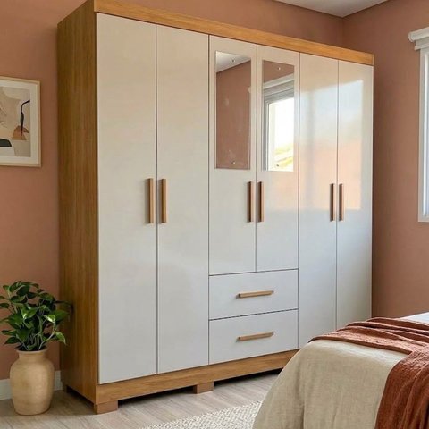 Guarda Roupa Solteiro 6 Portas 2 Gavetas com Espelhos Cabideiro e Prateleiras 150x180x40cm