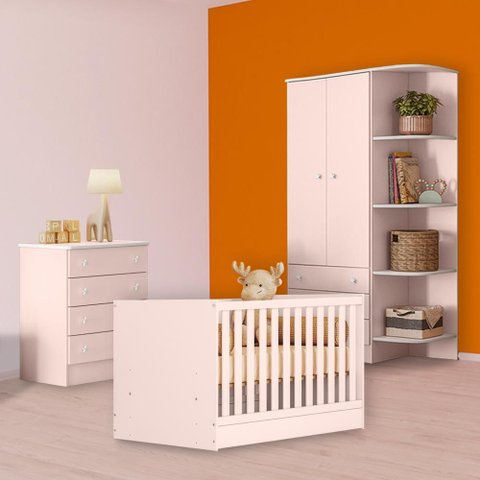 Conjunto Berço Mini Cama, Cômoda e Guarda Roupa Rosa