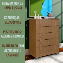 Cômoda Lins 5 Gavetas Cor Canela Organização Quarto - 3