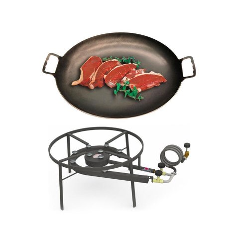 Kit Camping 5 - Fogareiro Fogão F2b10 Redondo 40cm Duplo de Mesa + Chapa Campeira 45cm - Progás