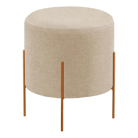 Puff Banqueta Decorativo Base Metal Tecido em Linho - Bege/Bronze