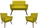 Ver imagem 1 de Kit Namoradeira + 2 Poltronas Decorativa Onix Couro Amarelo Pés Madeira Mz Decor