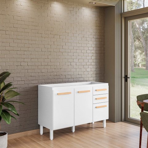 Balcão de Cozinha Armário para Pia 120cm 03 Portas 02 Gavetas Intenza Branco Freijó Nicioli