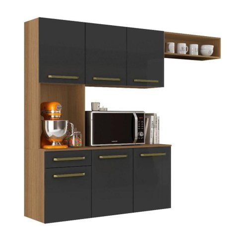 Armário de Cozinha Completa 6 Portas 1 Gaveta MDP 165cm Amadeirado e Preto Aramóveis