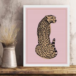 Quadro Decorativo Leopardo Fundo Rosa 33x24cm - com Vidro:moldura Branca - 2