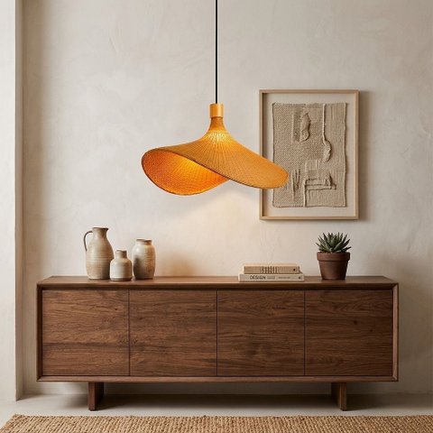 Pendente Bambu Natural Orgânico com LED Branco Quente Bivolt
