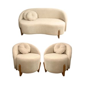 Kit Sofá e 2 Poltronas Orgânicos C/almofadas Curvo Sala Recepção Amsterdã Boucle Bege - Montanaris