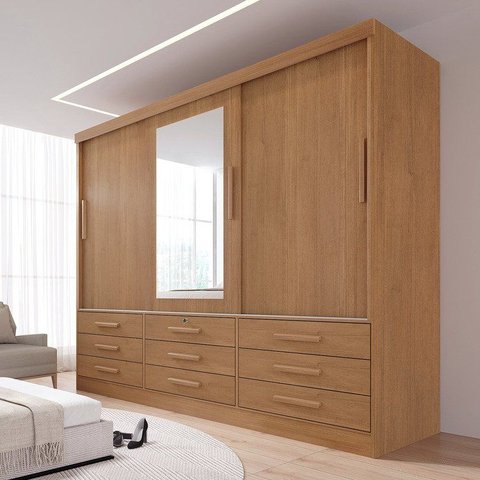 Guarda Roupa 3 Portas de Correr com 9 Gavetas e Espelho Cinamomo Meridian Gold