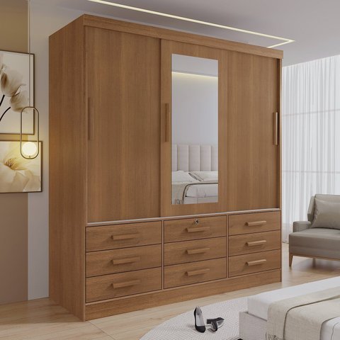 Guarda Roupa 3 Portas de Correr com 9 Gavetas e Espelho Cinamomo Meridian Gold