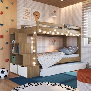Treliche Infantil com Escada Nicho e Gaveta Linha Infanto Aveiro Oak/branco Bi005 Completa Móveis