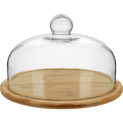 Prato Bolo 18x29x29cm Bambu Natural Tampa Vidro