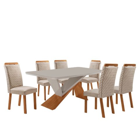Mesa de Jantar Yasmin 180cm Tampo MDF Vidro Canto Copo com 6 Cadeiras Aline Moderna Mobília