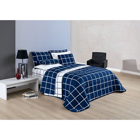 Conjunto Cama Casal King Size Xadrez 200 Fios Dupla Face Toque de Seda