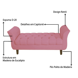 Recamier Puff Banco Namoradeira Sofá Sala 02 Lugares 150cm Grécia Suede Rosa Barbie -incasa Decor - 3
