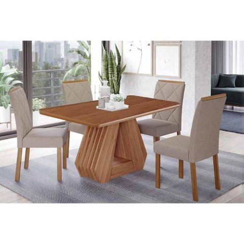 Conjunto: Mesa de Cozinha Ágata Tampo Madeirado 130x80cm e 4 Cadeiras Fernanda Cinamomo/off White