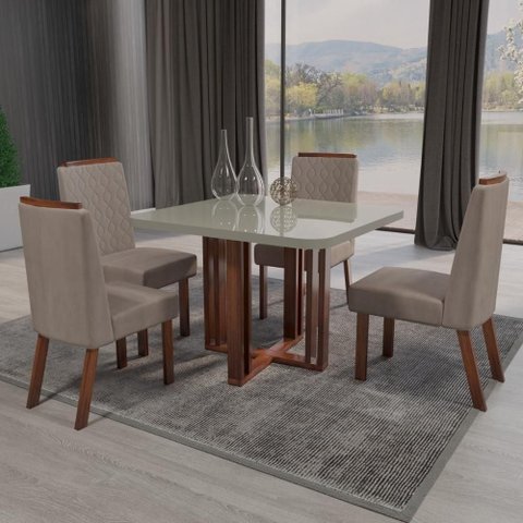 Sala de Jantar Paola 4 Tampo MDF e Vidro Cadeiras Bege 90cm