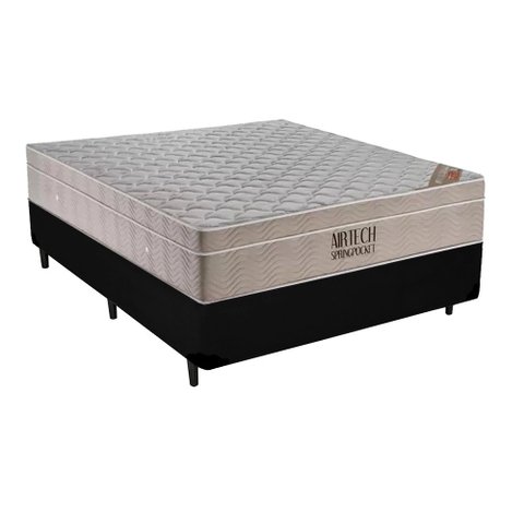 Cama Box Preta Casal Sintético + Colchão Molas Ensacadas Airtech Springpocket Ortobom 65x138x188