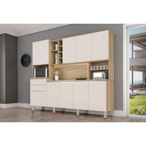 KIT COZINHA ARMÁRIO GRANDE BARCELONA COR NATURE / OFF WHITE ÚLTIMAS UNIDADES