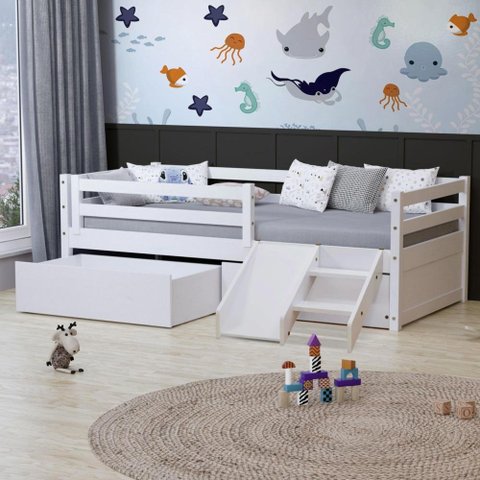 Cama Slim Rb e Gavetão e Mini Escada/escorregador Branco Housin