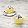 Jogo 6 Xícaras de Chá 220ml C/ Pires Amarelo Floral Cerâmica Importada Premium Elegante Café 12pçs - 7