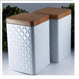 Kit 5 Porta Mantimentos Potes Guarda Volumes Tampa de Bambu Cor:branco - 4