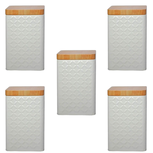 Kit 5 Porta Mantimentos Potes Guarda Volumes Tampa de Bambu Cor:branco
