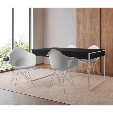 Mesa Jantar Industrial Preta 137x90cm com 4 Poltronas Brancas Base Ferro Bra Cor: Preto