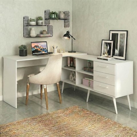 Mesa de Escritório em L com 3 Gavetas Porto Multimóveis Mp6046 Branco