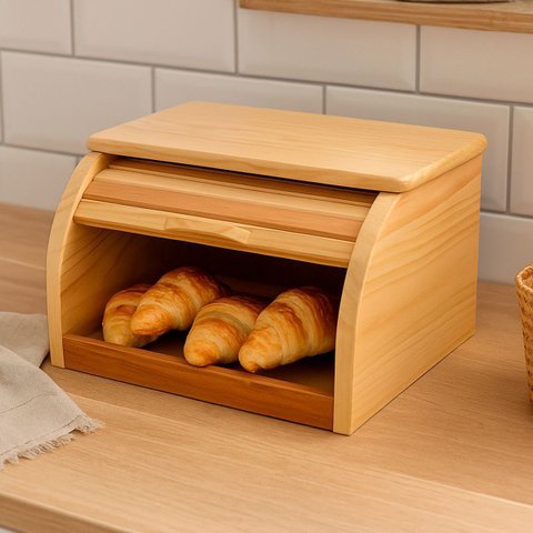 Caixa Porta Pão Grande em Madeira Pinus  Natural com Tampa Basculante