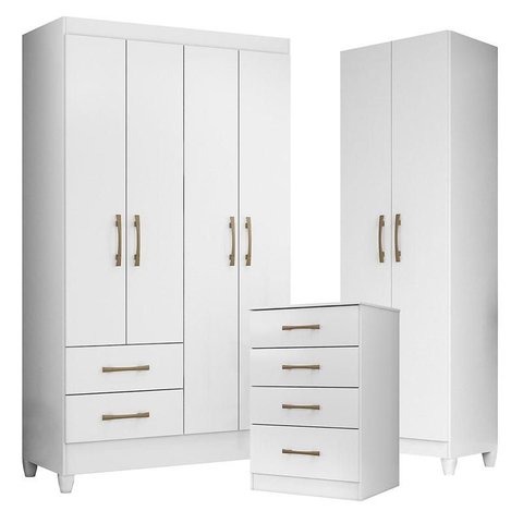 Guarda Roupa Solteiro Chile com Cômoda Ms913 e Armário Multiuso New Íris Branco Brilho – Moval