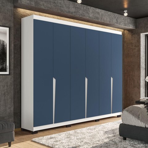Roupeiro Casal Porto com 6 Portas 4 Gavetas 242x214cm Branco/Azul 240825
