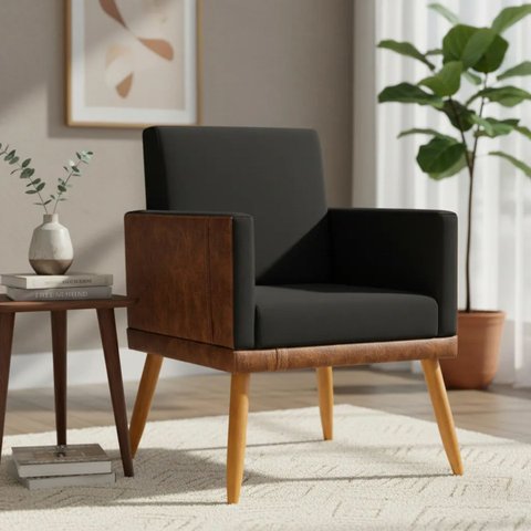Poltrona Decorativa para Sala Recepção Consultório Escritório Assento Confortável Lis Suede e Corino