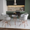 Ver imagem 1 de Mesa Jantar Redonda 110cm Preta Clips 3 Pés com 5 Poltronas Eames Eiffel Brancas Base Cobre
